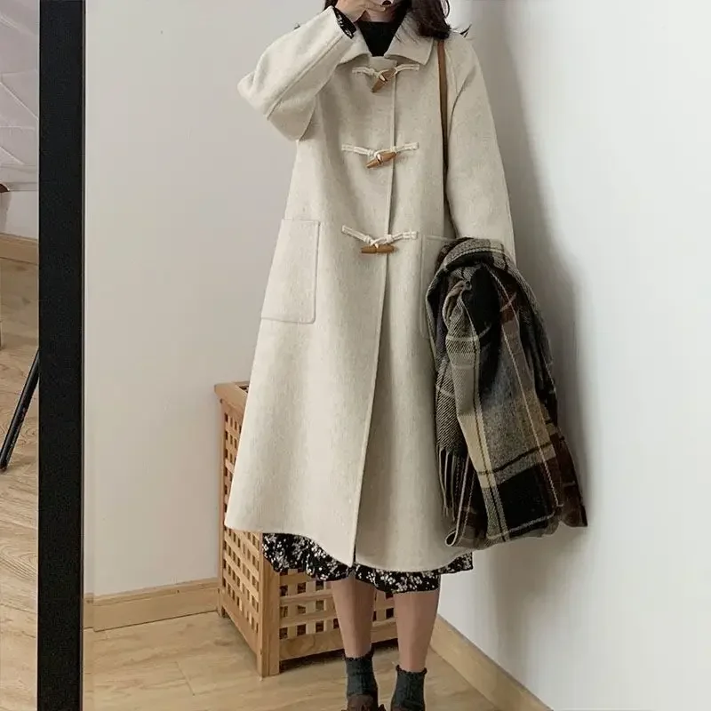 

Double-sided Fleece Woolen Coat Women's Mid-length Fall and Winter New Style Horn Buckle Small Temperament Was Thin Woolen Coat