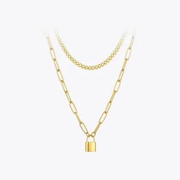 ENFASHION Lock Pendant Necklace Women Gold Color Stainless Steel Double Chain Necklaces 2020 Christmas Fashion Jewelry P203141 1