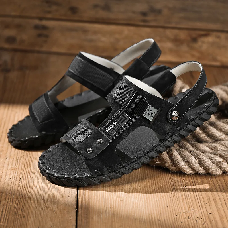 

2024 New Leather Men's Sandals Summer Breathable Outdoor Non-slip Hiking Trekking Shoes for Men Beach Slippers Casual Sneakers