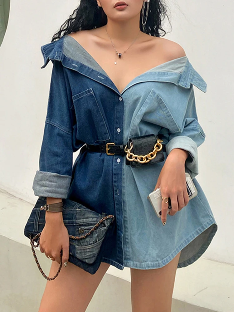 

CHICEVER Hit Color Women's Denim Shirt Top Lapel Long Sleeve Colorblock Loose Blouses Korean Fashion Clothing Women 2024 Style