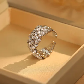 Anelli rotondi con perle di zirconi in argento sterling 925 per le donne Accessori di apertura per gioielleria raffinata di lusso leggera e minimalista alla moda