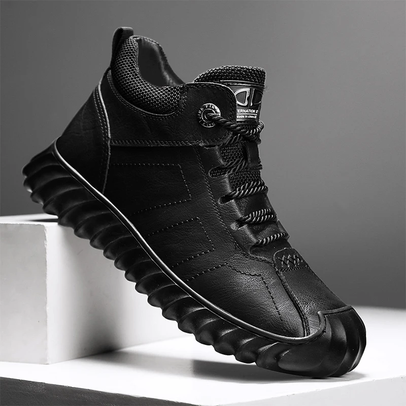 Mens Boots Full Black Lace-up Soft Comfortable Trendy All-match Work Shoes Non-slip Casual Leather Mans Footwear Popular Model