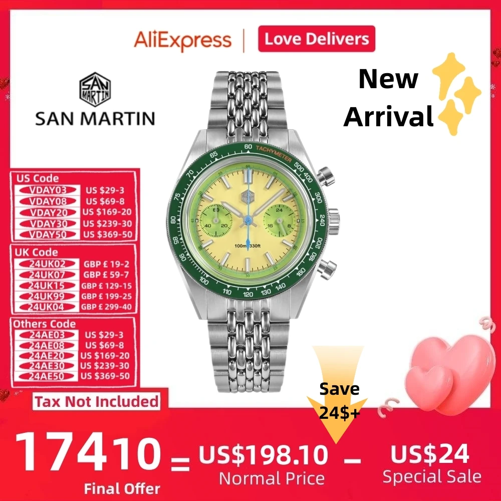 Orologio Cronografo San Martin Orologio Da Polso Al Quarzo Da Uomo Vk64 39.5Mm Originale Sport Sweep Secondo Zaffiro Impermeabile 10Bar Sn0116Js