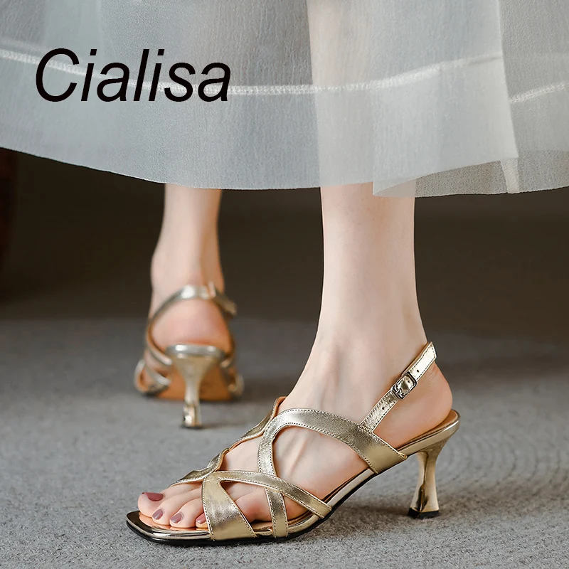 

Cialisa New Sandal Summer Elegant Stiletto Shoes Women Genuine Leather Party Dress Fashion Silver Gold Handmade High Heel Sandal