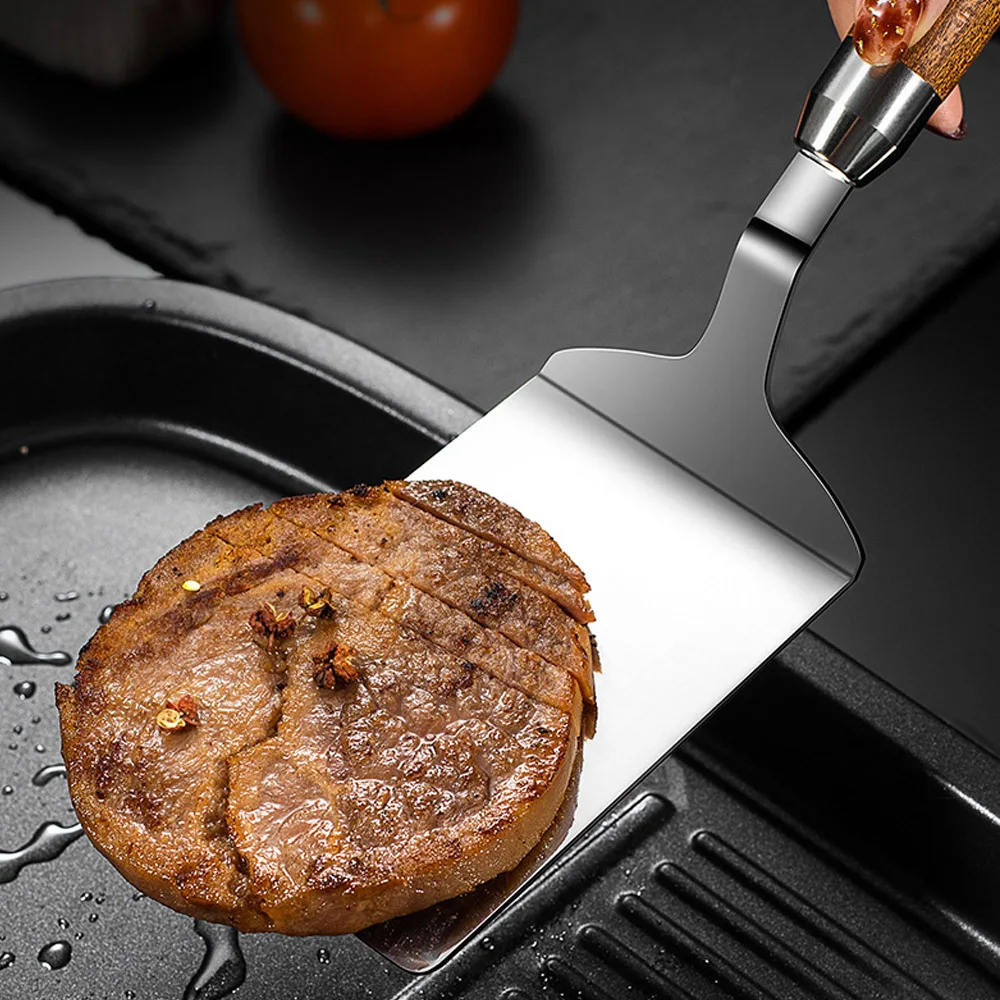 Food Shovel 403 Stainless Steel BBQ Plate Grill Scraper Pancake Spatula 8.5cm Large Shovel Surface with Wood Handle
