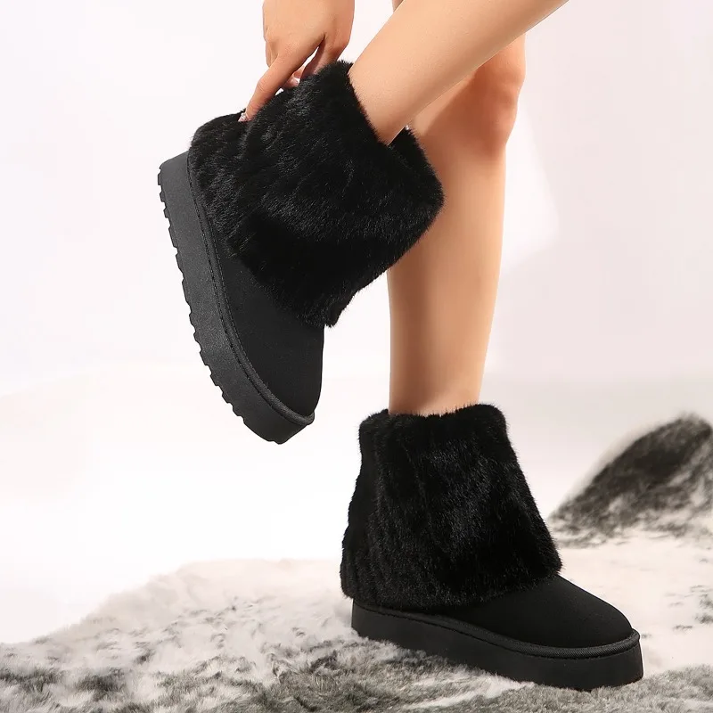 여성용 겨울 스노우 부츠, 따뜻하고 두꺼운 라운드 토 패션 부츠, 미드 힐 스웨이드 보온 슬리브, 새로운 패션 여성 신발