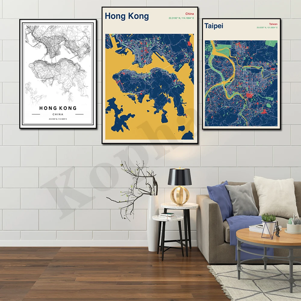 Hong Kong. Taiwan, Taiwan. Poster Della Decorazione Della Parete Di Arte Della Mappa Dei Colori Della Città