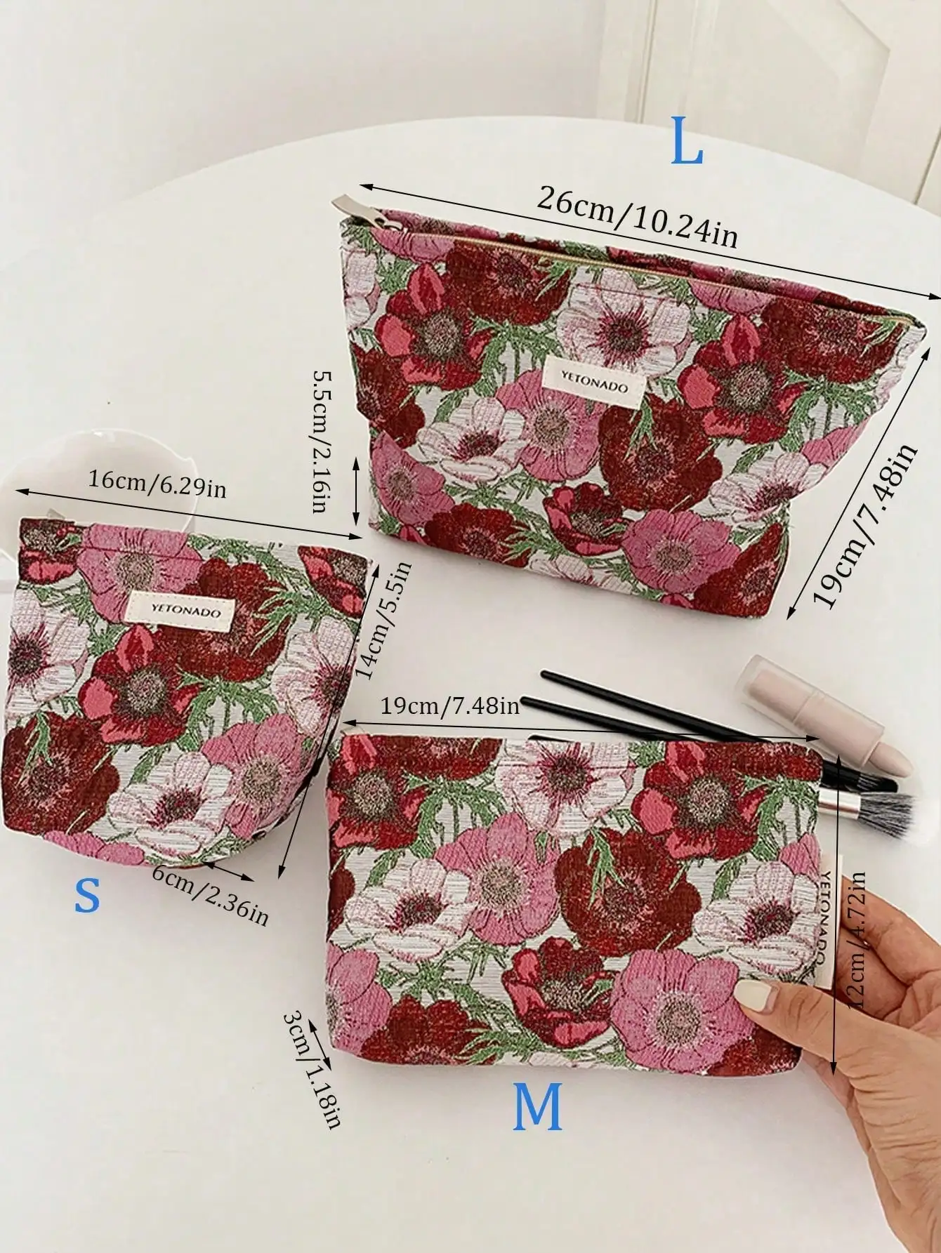 1 Stück/Set rote, weiße und rosa Blumen-Make-up-Tasche, Reise-Aufbewahrungs-Make-up-Tasche, tragbares Kulturbeutel-Set mit Reißverschluss – Detail 9
