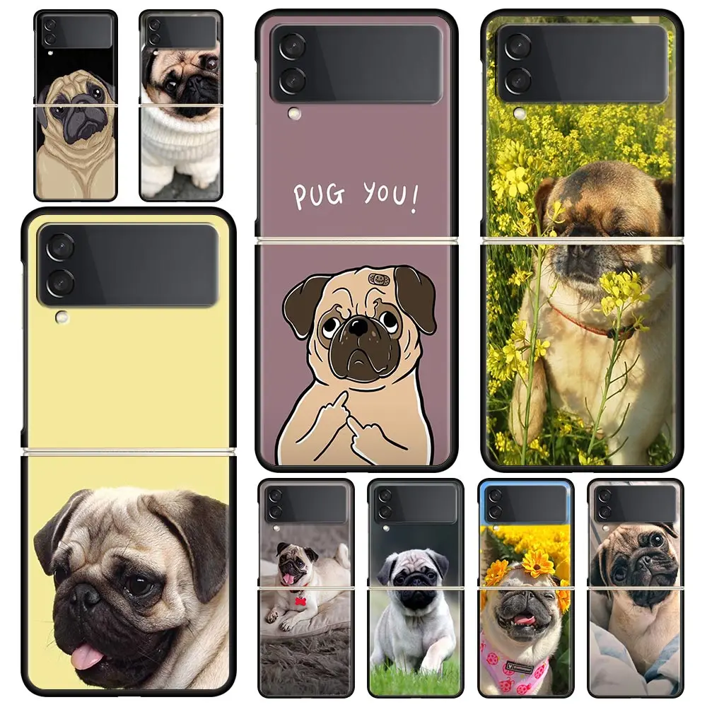 Folding Black Shell Phone Case with Cute Pug Design - PC Hard Cover