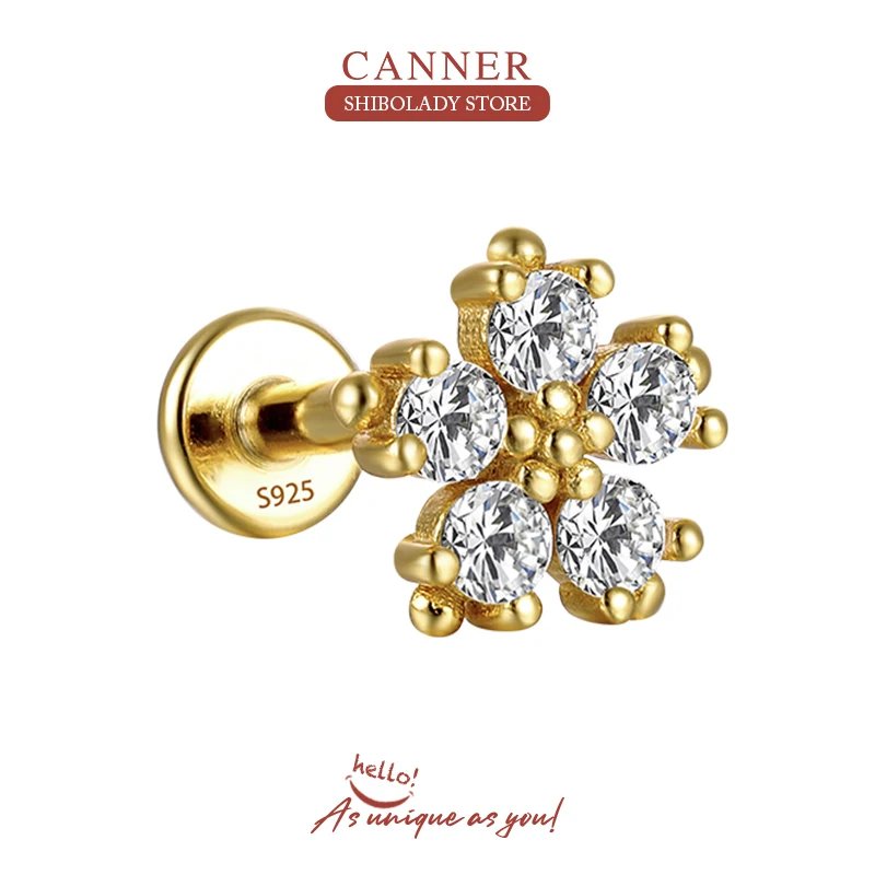 

CANNER 1Pc Crystal Flower 925 Sterling Silver Earring For Women Stud Earring 16G Thread Piercing 18K Gold Accessories