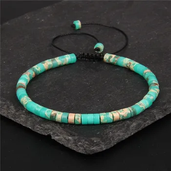 1PC Natural Green Emperor Stone Beads Woven Bracelet Polished Block Flat Shape Sea Sediment Adjustable Rope Lady's Gift Bracelet