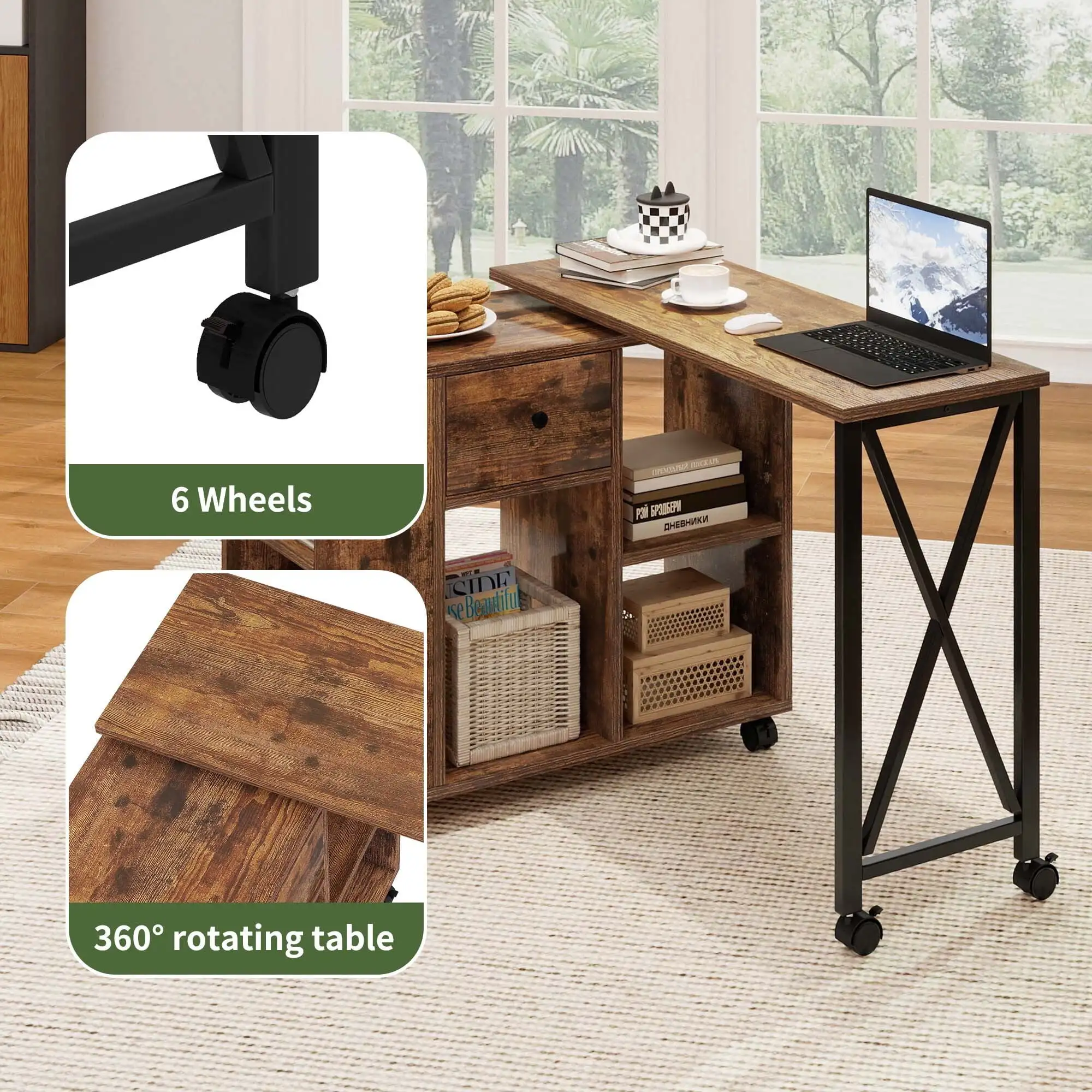 Rotating Writing Office Desk with Storage, Computer Desk with Wheels, Brown 6
