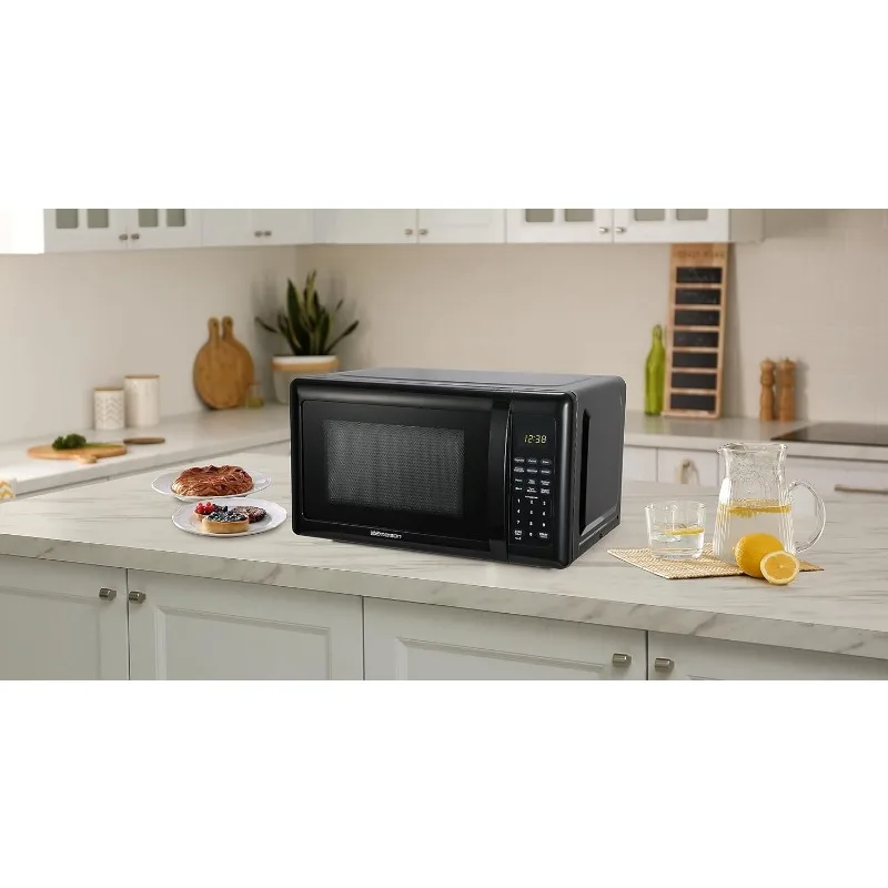 Compact countertop microwave with LED display, 700W, 10 power levels, 6 auto menus, glass turntable and child safety lock 4