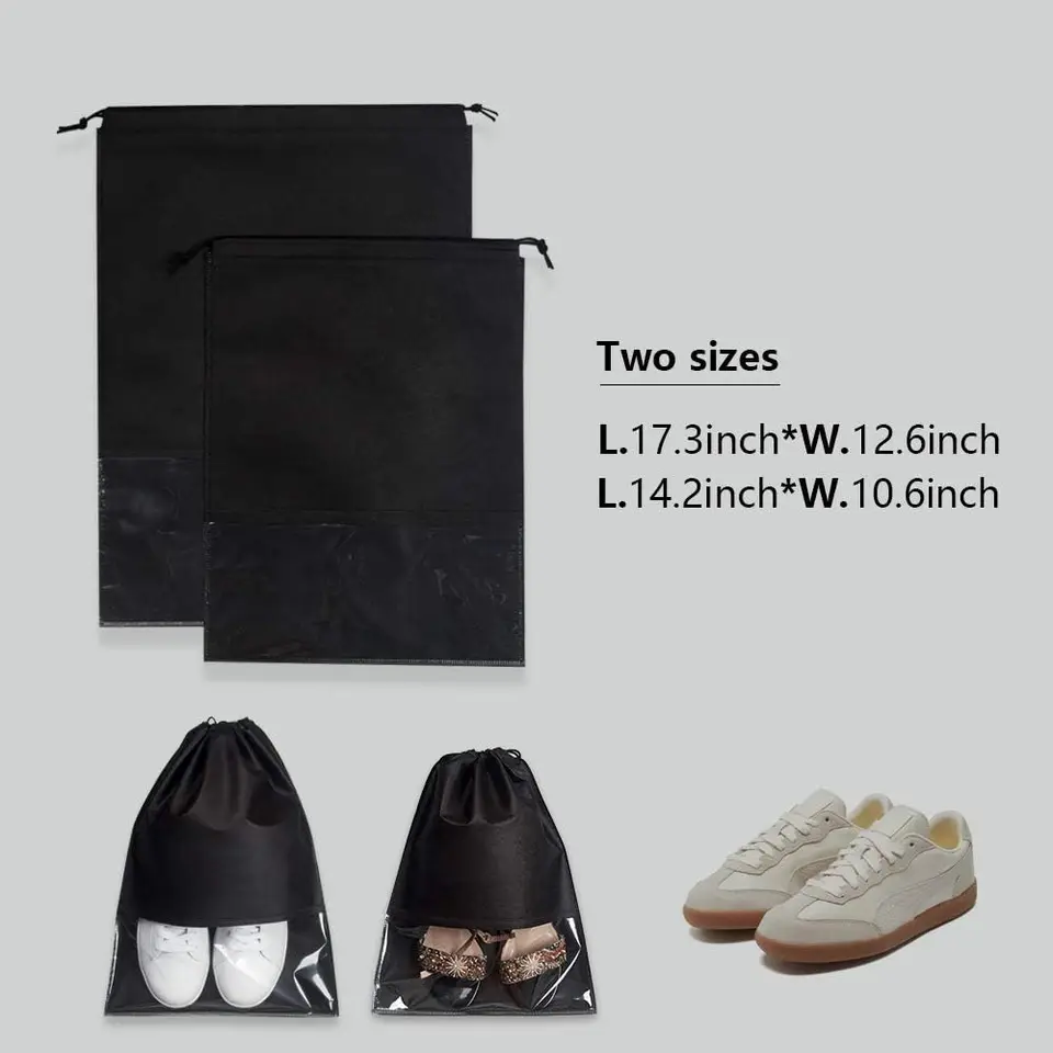 12 Sacchetti Porta Scarpe Da Viaggio In Tessuto Non Tessuto - Impermeabili, Con Finestra Trasparente E Coulisse - 44x32 Cm, Colore Nero - 2
