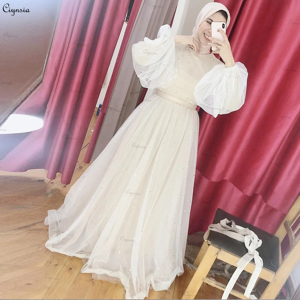 

Ciynsia Glitter Tulle Arabic Muslim Evening Dresses Dubai Wedding Party Prom Gowns Long A-Line Puffy Sleeves Hijab Formal Dress