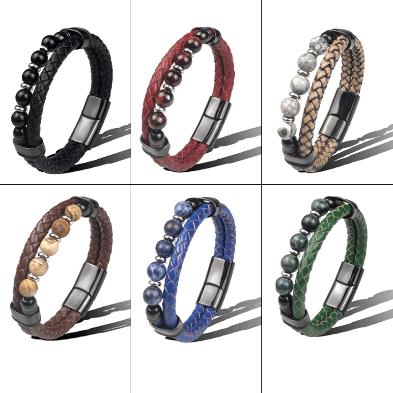 Jewelry Chakra Men Women Bracelet Stainless Steel Chain Beads Genuine Leather Magnetic Natural Stone