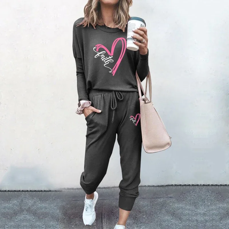 New Cute Women Tracksuit Fashion Printed Casual Round Neck Pullover Female Sportswear Long Sleeve Tops and Jogging Pants Set