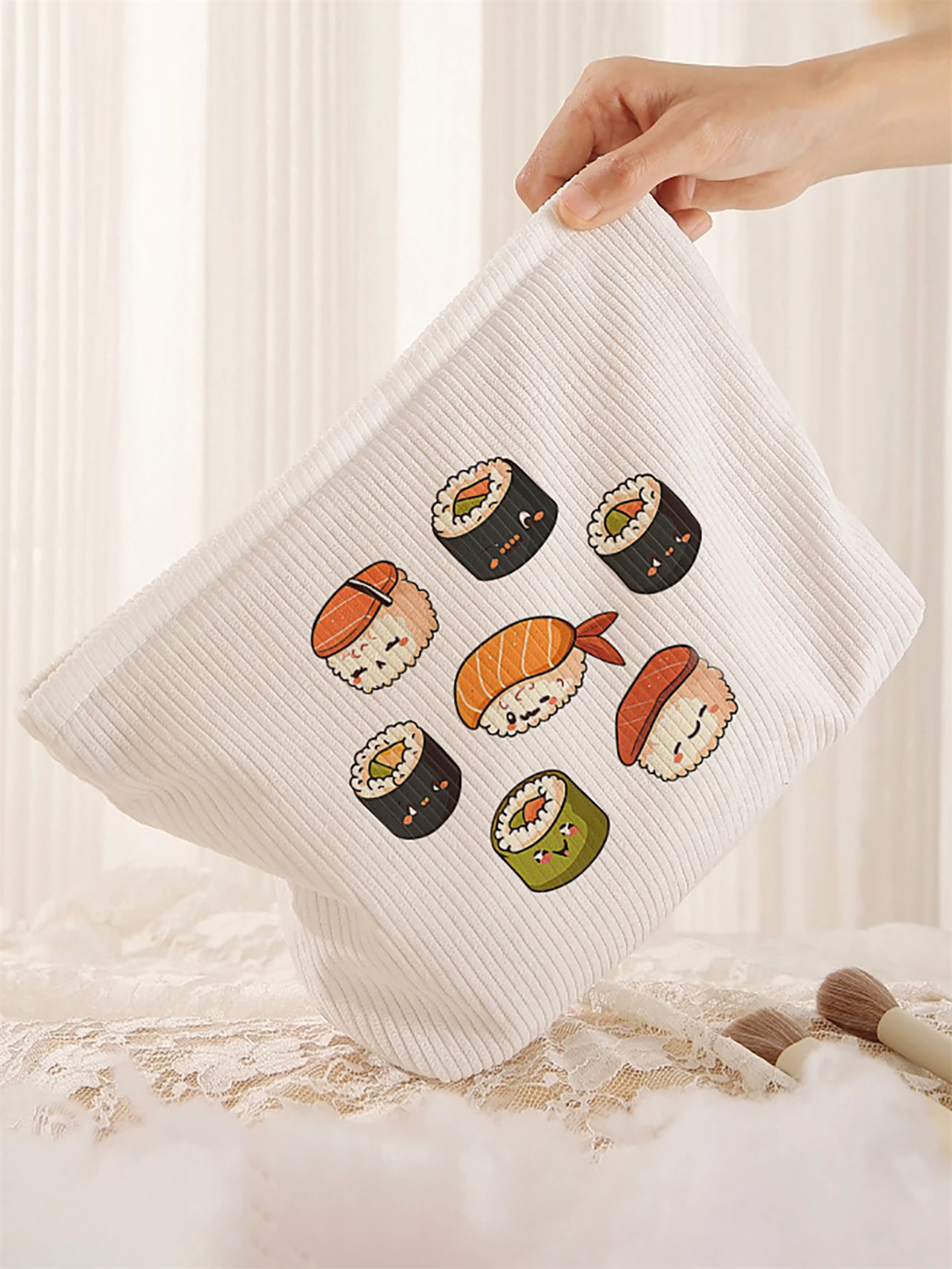1 sushi patterned corduroy makeup bag, lightweight zipper makeup storage box, multifunctional bag with lining