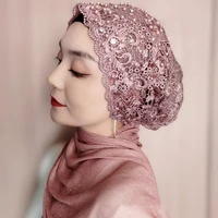 Personality Ethnic Embroidery Bead Women Turban Cap Ready To Wear Head Scarf Wrap Muslim Hijab Hair Cover Cap Headscarf Hat