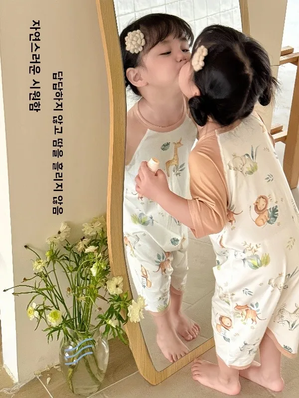 2025 유니섹스 아동용 모달 코튼 파자마 수트  여름 원지 슬립백 민소매 무봉제 프린트 편안한 부드러운 원단