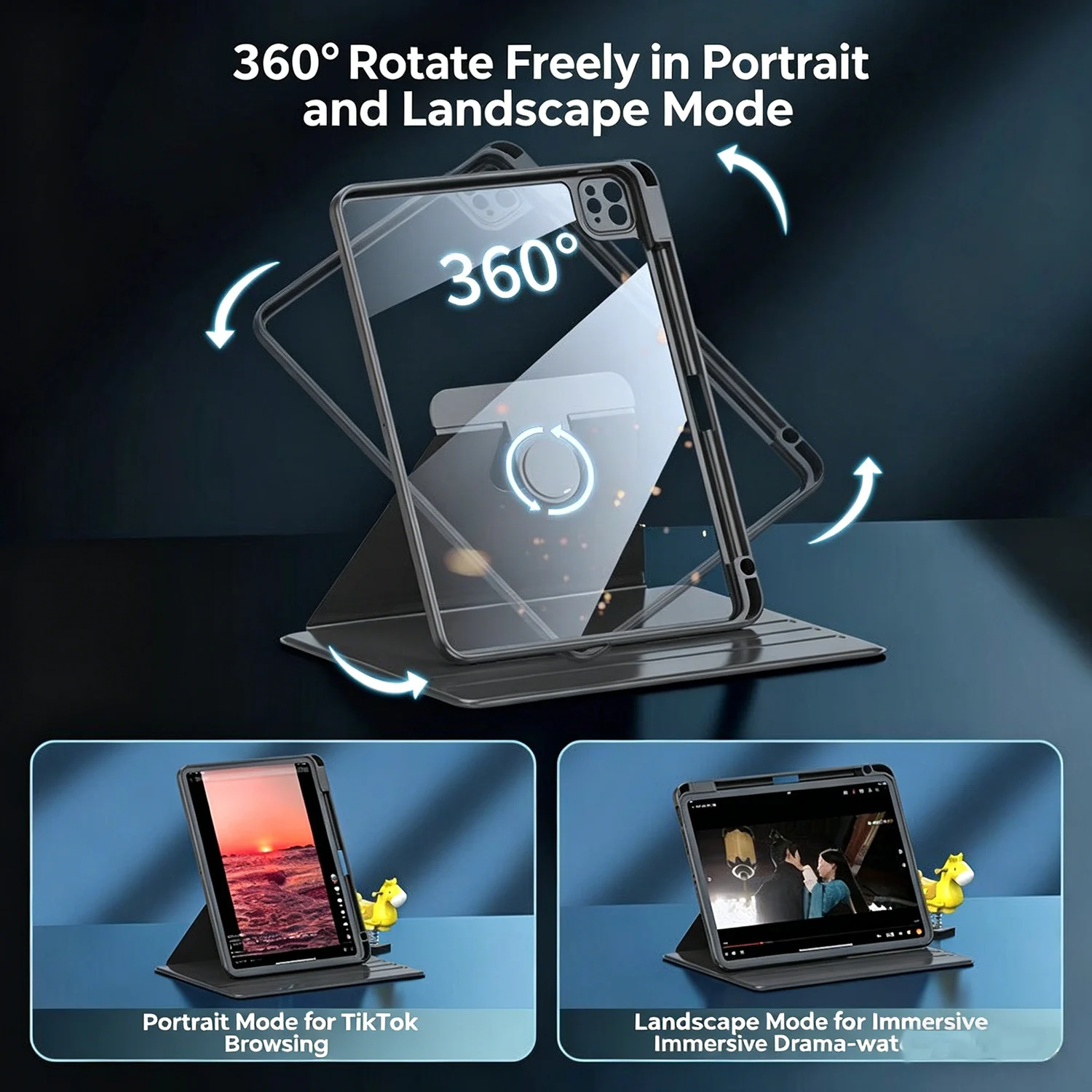 360° Rotating iPad Case with Pencil Holder and Stand Cover