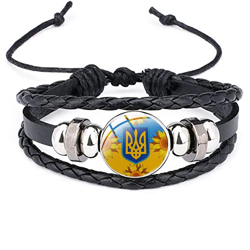 Ładny, nowy przybycie Tryzub Tryzub bransoletka ukraiński Symbol szklany kaboszon wielowarstwowe skórzane bransoletki wysokiej jakości bransoletki męskie typu bangle