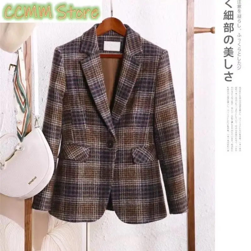 New autumn Wool Coat Retro British Style Modern Plaid Jackets Slim Waist Woolen Suit Jacket Lining Spring Blazer Female Out