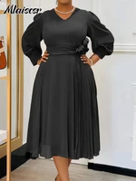 Mlaiscsr Elegant Pink A Line Loose Mid Dress for Women V Neck 3D Flower Design Puff Sleeve Office Evening Birthday Vestidos 2025 - Image 2