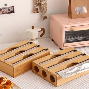 Dispenser per involucro da cucina 1pc con scatola per taglierina per pellicola e pellicola trasparente, supporto per taglio di sacchetti di bambù fresco, sacchetto della spazzatura e sacchetto di plastica St in legno 1