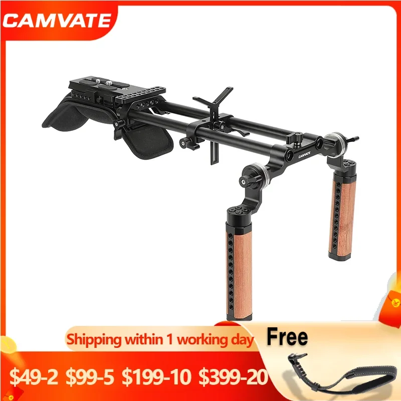 

CAMVATE Shoulder Mount 15mm Railblock Rig with Manfrotto QR Plate, Wooden Handgrip & Lens Support For DSLR Cameras Camcorder