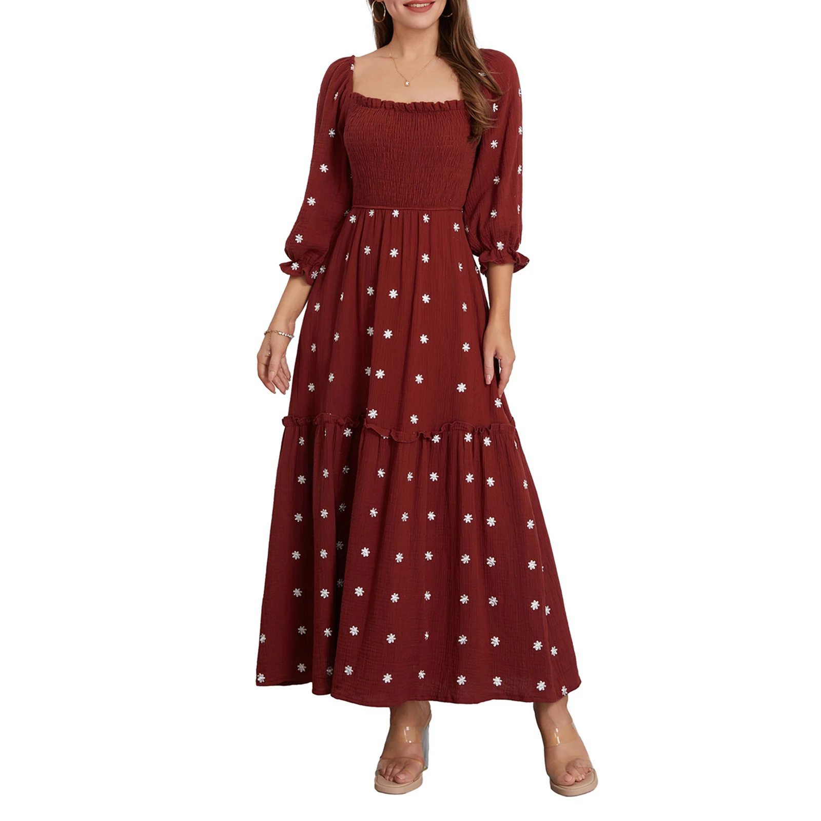 

Женское Цветочное платье с пышными длинными рукавами, Элегантное Длинное Платье трапециевидной формы с квадратным вырезом и рюшами