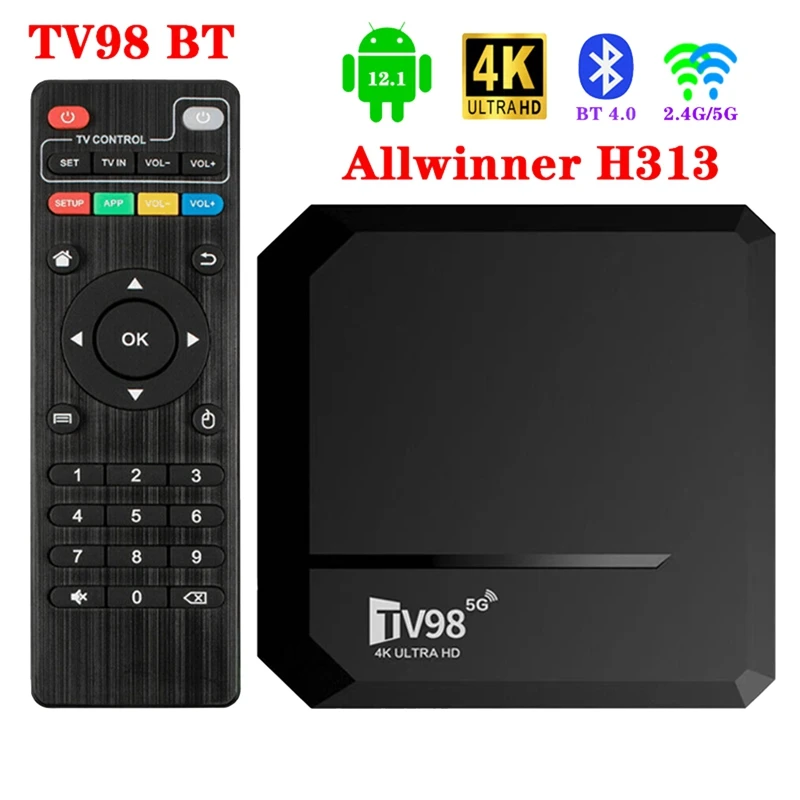 

TV98 BT TV Box 2G+16G Allwinner H313 Android 12.1 Smart TV Box 2.4G+5G WIFI+BT 4.0 4Kx2k TV98 Media Player Durable EU Plug