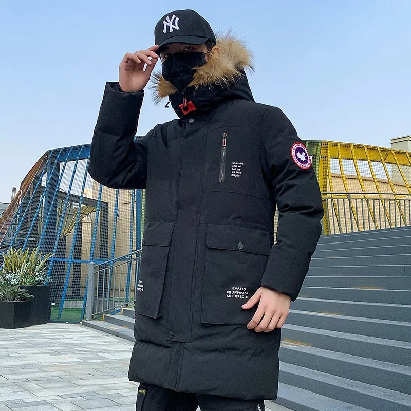 2023 New Winter Jackets Men's Cotton Warm Hooded Long Down Padded Jacket Fall Casual Tops Parka Men's Black Fluffy Coat Yellow