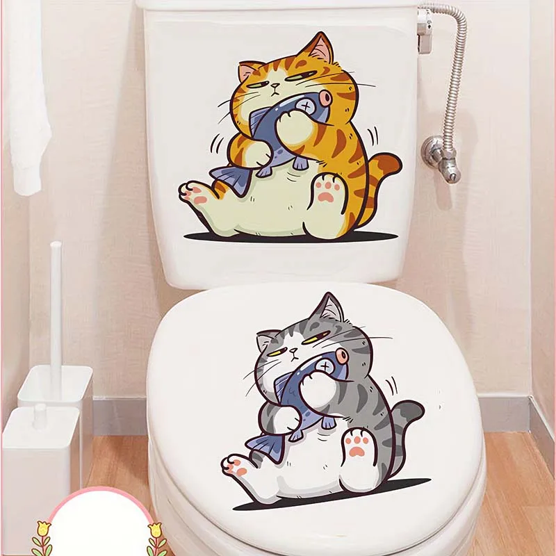 Kitten Wall Stickers Cat Touching Fish Bathroom Toilet Living Room Cabinet Decal