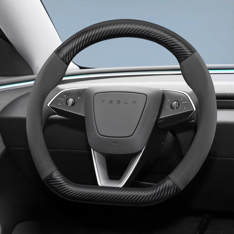 Geeignet für Tesla Wildleder Matte Carbon Fiber Texture Lenkradbezug Geeignet für Model 3Y XS 19 Highland 2024 Juniper Cybertruck Zubehör Auto Intelligente Systeme