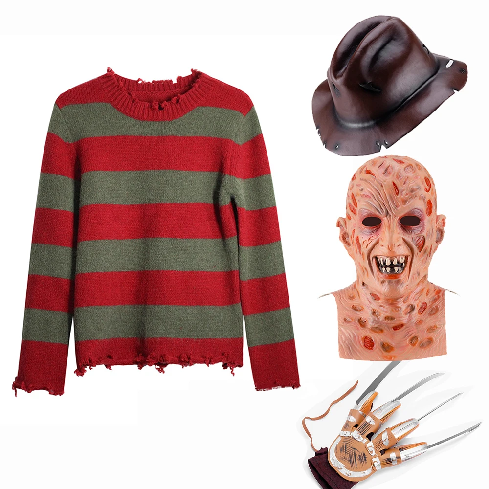 Freddy Krueger Costume Cosplay Maglione Adulto Maglia A Righe Rosse Top Coat Cappello Maschera Freddy Krueger Costume Di Halloween Per Gli Uomini