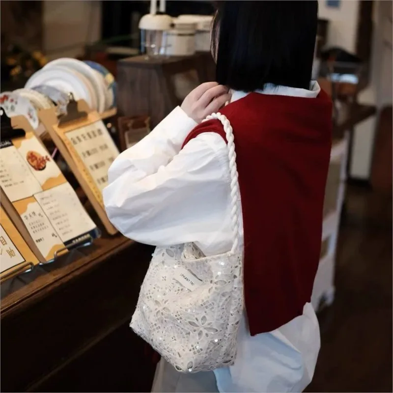 Fashion White Sequined Canvas Bag Women Lace Large Capacity Niche Shoulder Bags Ladies Stylish Versatile Hollow Out Handbag 2025