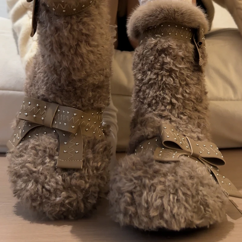 New  Snow Women Boots with Fur Platfrom  Belt Buckle Design Round Toe Mid Calf Shoes Luxury  Winter Warm Causal Boots