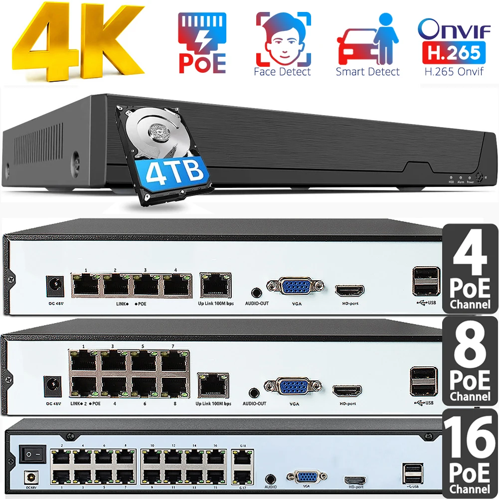 4K 8Mp Onvif Nvr Poe 4-8-16Ch Nvr Per Telecamere Ip Cctv Sistema Di Sicurezza Domestica Registratore Nvr H.265 Registratore Di Rete Con Rilevamento Fa