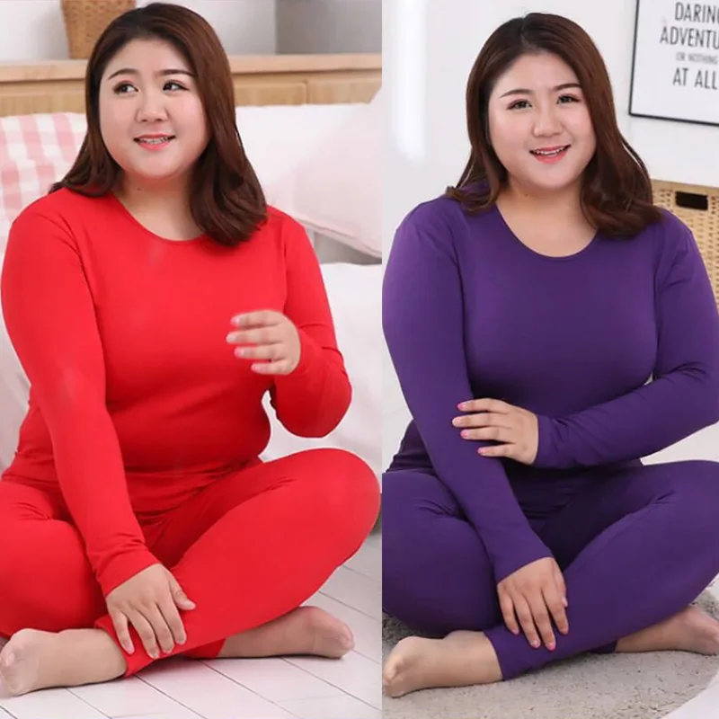 Over Size Thermal Long Johns Plus Size Long Sleeve Tops +Pants for Women Autumn Winter Warm Sexy Thermal Underwear Sets