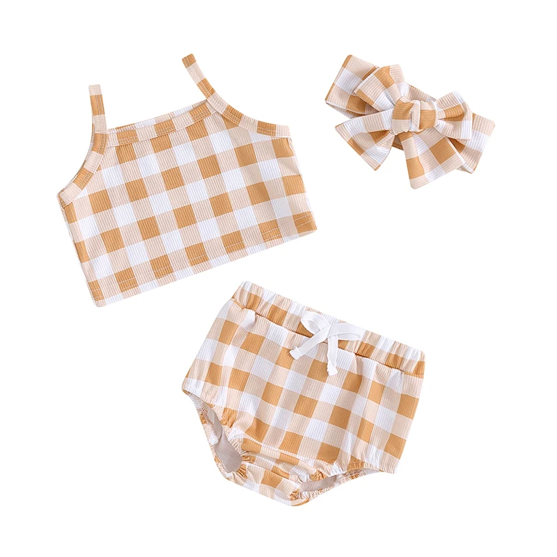 Infant Girl Summer Clothes Plaid Print Sleeveless Cami Tops with Shorts and Headband 3 Pcs Outfit