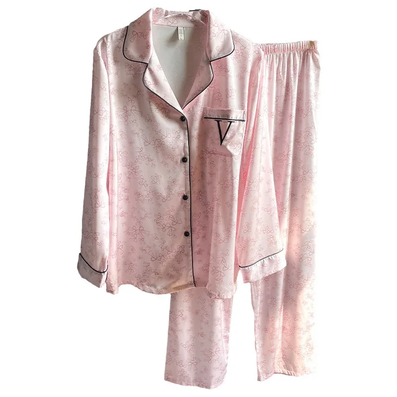 

Пижамный комплект с розовым бантом и принтом, ночное белье, 2 шт., атласная Женская домашняя одежда, пижама для женщин с длинным рукавом, повседневная одежда для отдыха, одежда для сна