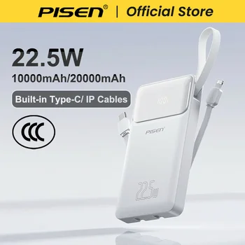 PISEN 3C Certified 22.5W Power Bank 10000mAh/ 20000mAh With Built-in Type C/L Cables Fast Charging Powerbank For iPhone Samsung 1
