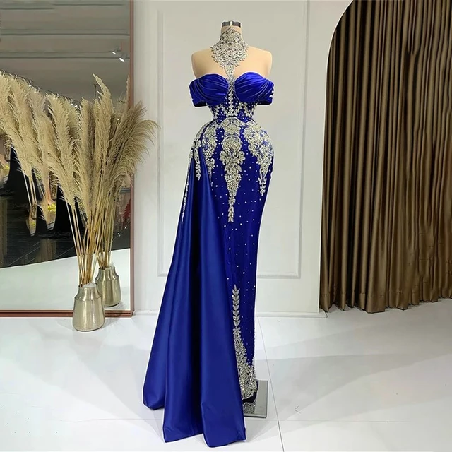 Robe de Soirée de Forme Sirène pour Femme, Tenue Élégante et Luxueuse, de  Couleur Bleu Royal, avec Perles, Col Haut, Style Arabe, 2023