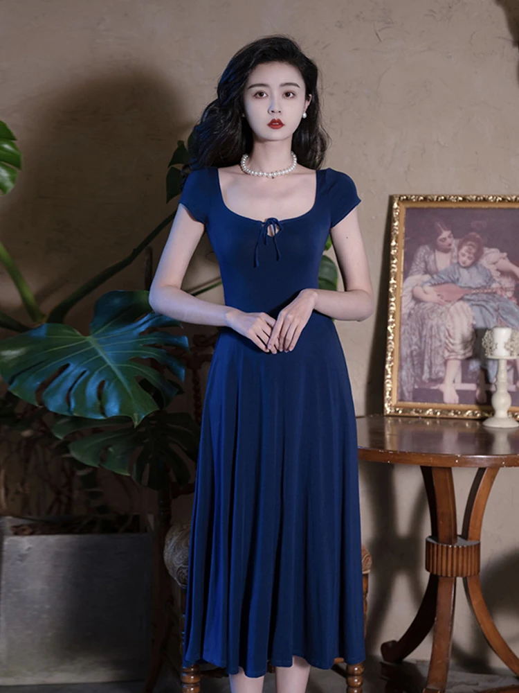 

Summer new women's dress Korean style elegant luxury stretch knit royal blue dress palace retro square collar mid-length dress