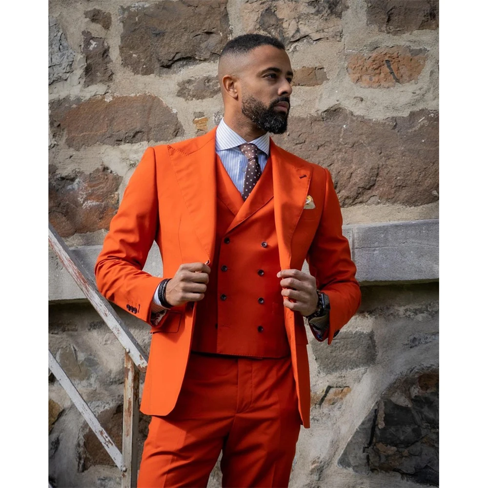 Custom Made Men Suits Dark Orange Groom Suit Peak Lapel Groomsmen 3 Pieces Set Wedding  ( Jacket + Pants + Vest  )