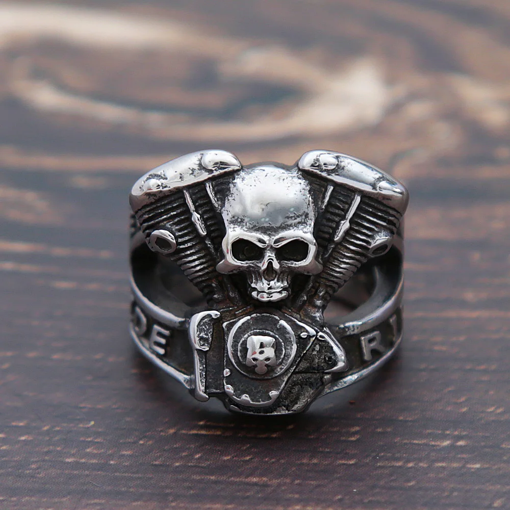 Stainless Steel Ring Steampunk Motorcycle Engine Skull Ring For Men 316L Stainless Steel