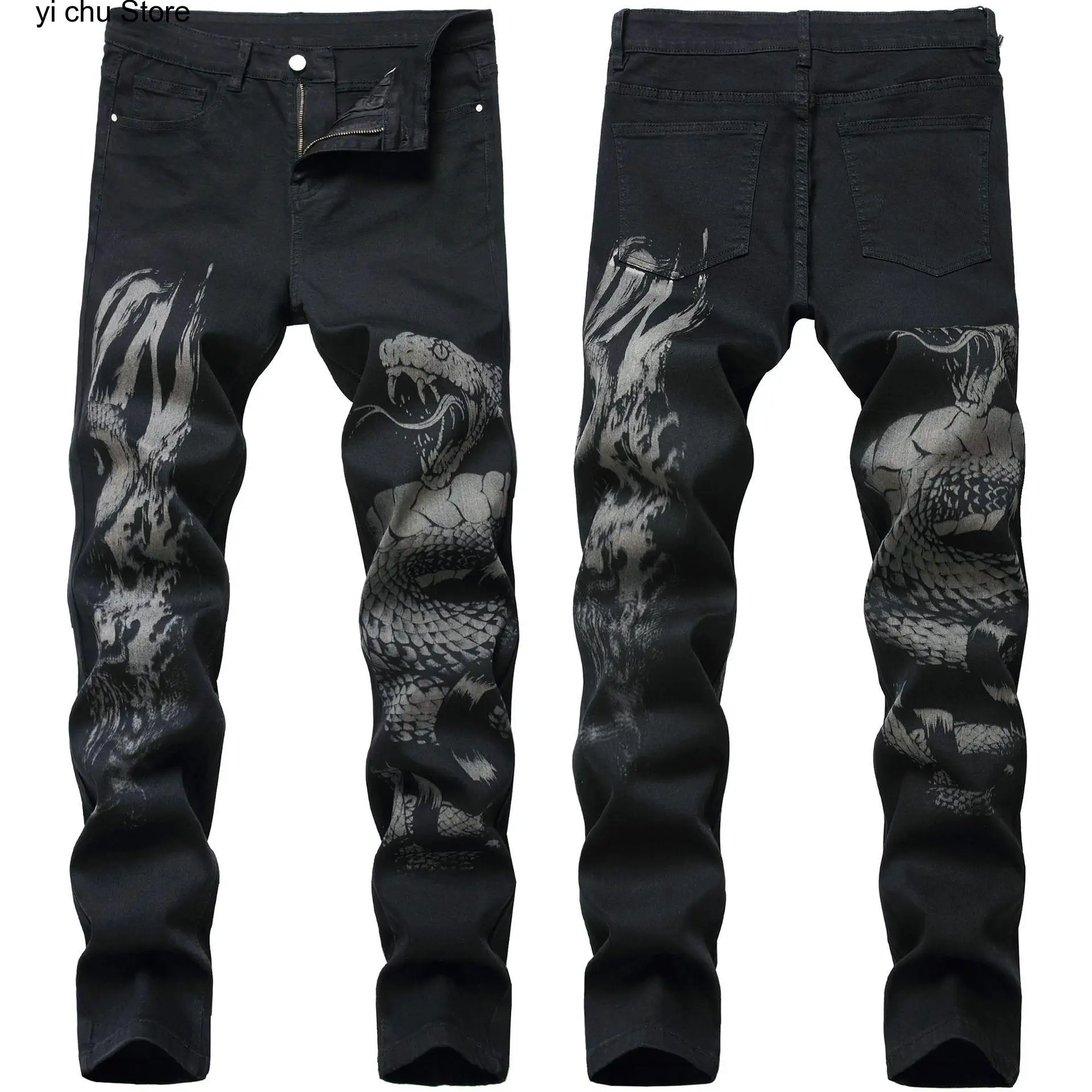 2023 Style Printed Jeans Men Hot-selling Design Snake Head Pattern Figure Denim Pants Male Slim Black Straight Slim Jeans Cotton