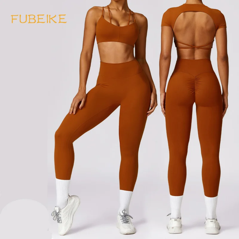 FUBEIKE 2 Pcs Seamless Yoga Suit Sports Bra Woman Women Sports Tshirt High Waist Leggings Set Running Fitness Gym Clothing Yoga Set Gym Workout Set Sportswear Set Fitness Set Sports Bra Set Yoga Pants Set