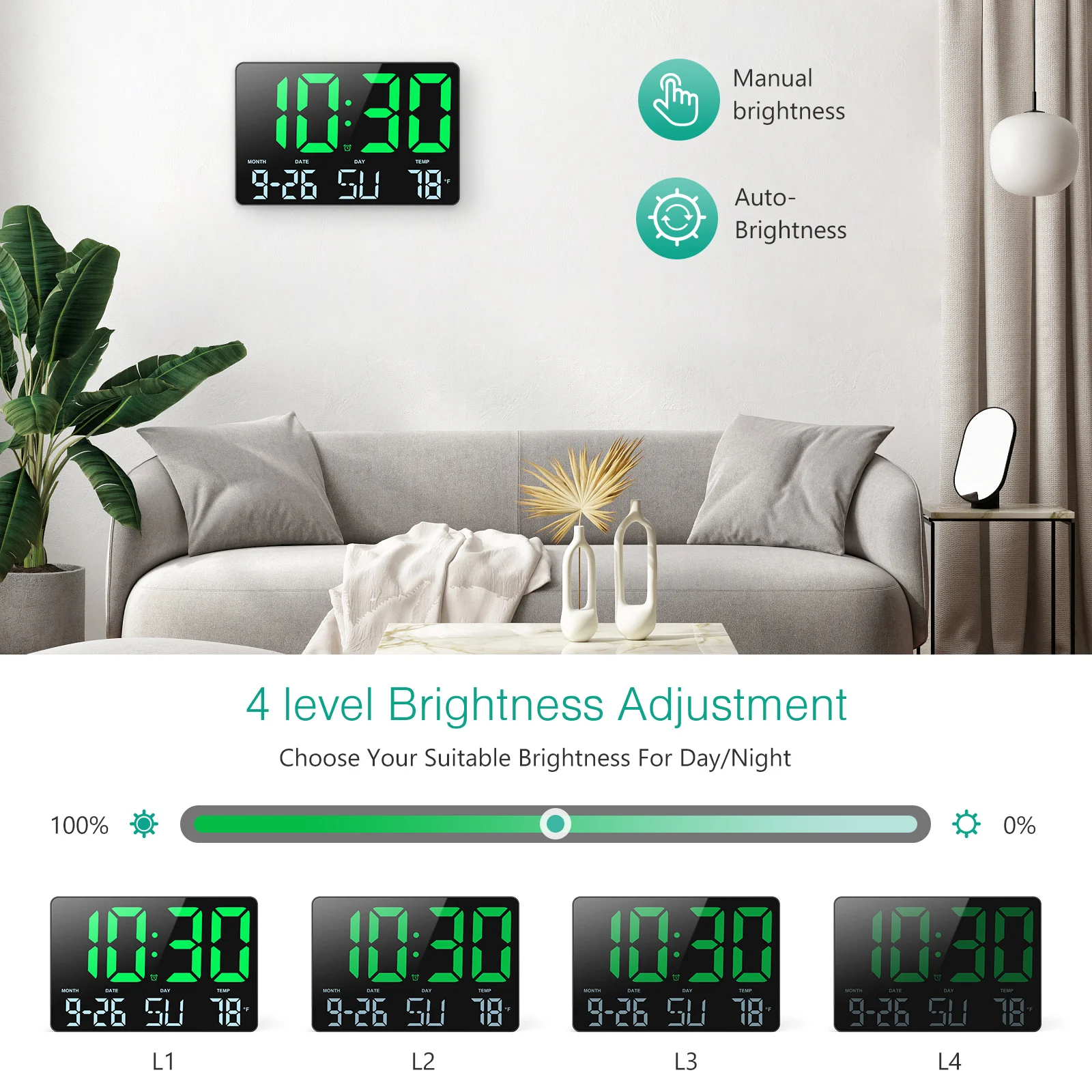 Digital Wall Clock 11.5" Large LED Display with Date Temp Display for Living Room Bedroom Office Gym Garage